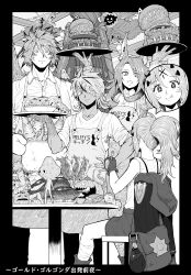 Rule 34 | 2boys, 2girls, absurdres, albaz (yu-gi-oh!), animal ears, apron, arms up, asymmetrical wings, bag, bandaged leg, bandages, burger, cat ears, chair, character request, chicken (food), crown, dogmatika ecclesia the virtuous, duel monster, ecclesia (yu-gi-oh!), fallen of albaz, feet out of frame, fish, food, ghostrick lantern, greyscale, hair between eyes, highres, holding, holding pot, holding tray, hungry burger, incredible ecclesia the virtuous, inmato, licking lips, long hair, long sleeves, melffy rabby, mismatched wings, monochrome, multiple boys, multiple girls, mystic tomato, naturia strawberry, one eye closed, oven mitts, pasta, ponytail, pot, pumpking the king of ghosts, putrid pudding body buddies, rari (badominton), shirt, short hair, sitting, skewer, skirt, sleeveless, sleeveless shirt, sleeves rolled up, smile, spaghetti, star (symbol), star in eye, suspender skirt, suspenders, symbol in eye, table, teeth, tongue, tongue out, tray, tri-brigade ferrijit the barren blossom, tri-brigade shuraig the ominous omen, wings, world carrotweight champion, yu-gi-oh!
