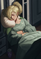 Rule 34 | 1girl, absurdres, blonde hair, can, closed mouth, collarbone, commentary, crossed arms, emblem, closed eyes, hair ornament, hair over one eye, hair tie, head tilt, highres, leaning back, lips, lipstick, makeup, mercy (overwatch), overwatch, overwatch 1, pillow, ponytail, red lips, shirt, sitting, sleeping, solo, tony sun