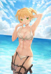 Rule 34 | 1girl, abs, arm behind head, arm up, armpits, backlighting, bad id, bad pixiv id, bare arms, bare shoulders, bikini, blonde hair, blue sky, bolt action, braid, breasts, cleavage, cloud, cloudy sky, collarbone, commentary request, day, earrings, finger to mouth, french braid, front-tie bikini top, front-tie top, garter straps, girls&#039; frontline, green eyes, groin, gun, handgun, holster, horizon, integral suppressor, integrally-suppressed firearm, jewelry, legwear garter, looking at viewer, lunacle, manual firearm, medium breasts, navel, ocean, open mouth, outdoors, short hair, short twintails, sky, solo, standing, stomach, suppressor, swimsuit, thigh gap, thigh holster, twintails, weapon, welrod, welrod mk ii, welrod mkii (girls&#039; frontline), white bikini