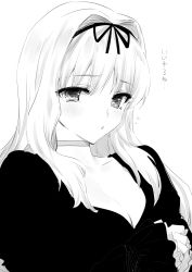 Rule 34 | 1girl, blush, breasts, choker, cleavage, collarbone, flying sweatdrops, frilled sleeves, frills, goshiki suzu, gothic lolita, greyscale, hair intakes, highres, kusugawa sasara, lolita fashion, looking at viewer, medium breasts, monochrome, simple background, solo, to heart (series), to heart 2, upper body, white background