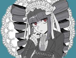 Rule 34 | 1girl, absurdres, black hair, black nails, blunt bangs, bonnet, celestia ludenberg, center frills, claw ring, danganronpa: trigger happy havoc, danganronpa (series), drill hair, frilled shirt, frills, gothic lolita, green background, grey necktie, highres, index finger raised, jacket, lolita fashion, long hair, long sleeves, looking at viewer, muro (nrvc5252), nail polish, necktie, red eyes, shirt, solo, twin drills, twintails, white background