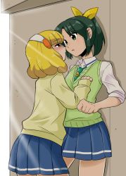 Rule 34 | 10s, 2girls, bad id, bad pixiv id, blonde hair, blush, eye contact, female focus, green eyes, green hair, green necktie, green sweater vest, hairband, highres, imminent kiss, kise yayoi, koyama shigeru, looking at another, midorikawa nao, multiple girls, necktie, open mouth, ponytail, precure, school uniform, short hair, skirt, sleeves rolled up, smile precure!, sweater, sweater vest, white hairband, yellow eyes, yuri