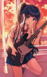 Rule 34 | 1girl, absurdres, black hair, blue eyes, blue skirt, candy, food, guitar, highres, holding, holding instrument, instrument, lollipop, looking down, nanna (heyj2888), original, school uniform, side ponytail, skirt, solo, symbol-only commentary