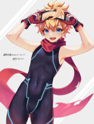 Rule 34 | 1boy, adjusting goggles, blonde hair, blue eyes, bodysuit, commission, covered navel, gloves, goggles, goggles on head, highres, indie virtual youtuber, looking at viewer, male focus, messy hair, open mouth, red gloves, scarf, short hair, skin tight, sleeveless, sleeveless bodysuit, solo, twitter username, virtual youtuber, zero-go