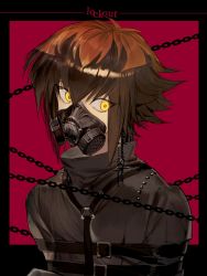 Rule 34 | 1boy, alternate costume, brown hair, chain, chest harness, cocaduel, costume request, gas mask, glowing, glowing eyes, hair between eyes, harness, highres, light brown hair, long sleeves, male focus, mask, mouth mask, multicolored hair, short hair, sidelocks, solo, two-tone hair, upper body, yellow eyes, yu-gi-oh!, yu-gi-oh! gx, yuki judai