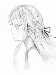 Rule 34 | 1girl, bad id, bad pixiv id, braid, closed mouth, completely nude, french braid, from side, greyscale, hair ribbon, highres, long hair, marshmallow-chan (nanashi), monochrome, nanashi (nlo), nude, original, portrait, profile, ribbon, simple background, solo, upper body, white background