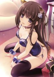 Rule 34 | 1girl, :d, absurdres, animal ears, ass, bare shoulders, bell, black thighhighs, blue bow, blue panties, bow, box, breasts, brown hair, brown thighhighs, bustier, camisole, cat ears, cat tail, cleavage, collar, collarbone, gift, gift box, hair ornament, highres, indoors, jingle bell, karory, lace, lace trim, lingerie, long hair, looking at viewer, medium breasts, neck bell, on floor, open mouth, original, panties, purple eyes, scan, side-tie panties, sitting, smile, snowflake hair ornament, solo, string panties, tail, thighhighs, thong, tiger ears, tiger tail, toranoana, underwear, wariza, wrist cuffs