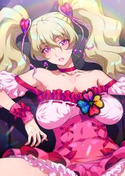 Rule 34 | 1girl, armpits, bare shoulders, blonde hair, breasts, breasts apart, choker, cleavage, collarbone, commentary request, covered erect nipples, covered navel, cure peach, dress, earrings, fresh precure!, hair between eyes, hair ornament, heart, heart earrings, heart hair ornament, highres, jewelry, joy ride, large breasts, looking at viewer, magical girl, momozono love, nail polish, off-shoulder dress, off shoulder, pink eyes, precure, red choker, sagging breasts, solo, thighs, twintails