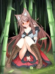 Rule 34 | 1girl, animal ears, bamboo, bamboo forest, bare shoulders, blush, boots, breasts, brown hair, cleavage, collarbone, deviantart thumbnail, dress, embarrassed, fang, forest, highres, imaizumi kagerou, jewelry, large breasts, legs, long hair, looking at viewer, nature, no nose, psychopath idiot, red eyes, sitting, solo, tail, tears, touhou, very long hair, wavy mouth, wolf ears, wolf tail
