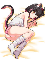 Rule 34 | 1girl, :o, ahoge, animal ears, ass, bed sheet, black hair, braid, camisole, cat ears, cat girl, cat tail, commentary, cougar (cougar1404), crotch seam, fetal position, from above, hair intakes, leo (cougar1404), looking at viewer, loose socks, lying, mole, mole under eye, multicolored hair, on bed, on side, one eye closed, original, panties, parted lips, pink hair, pink panties, short hair, side braids, socks, solo, tail, two-tone hair, underwear, underwear only, white camisole, white socks, yellow eyes