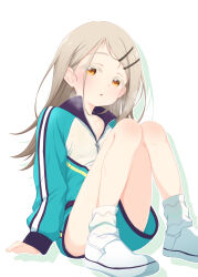 Rule 34 | 1girl, :o, arm support, bare legs, blush, breath, colored eyelashes, gakuen idolmaster, gradient hair, green shorts, highres, hosizora mikoto, idolmaster, jacket, knees together feet apart, knees up, light brown hair, looking at viewer, multicolored hair, orange eyes, partially unzipped, shinosawa hiro, shorts, simple background, solo, track jacket, white background