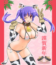 Rule 34 | 1girl, animal ears, animal print, bell, bikini, breasts, collar, cow ears, cow girl, cow print, cow tail, elbow gloves, gloves, itoji, large breasts, long hair, neck bell, nipples, one eye closed, original, purple hair, red eyes, see-through, side-tie bikini bottom, solo, string bikini, swimsuit, tail, thighhighs, twintails, v, wink