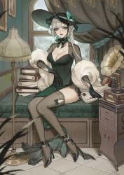 Rule 34 | 1girl, anmaki, aoandon, black dress, black footwear, black hat, black lips, blue eyes, book, book stack, bow, breasts, cleavage, dress, elbow gloves, full body, gloves, hat, hat bow, high heels, highres, indoors, lamp, lipstick, long hair, looking at viewer, makeup, mascara, medium breasts, nightstand, onmyoji, open book, paper, phonograph, pumps, record, shoes, sitting, solo, thighhighs, tile floor, tiles, white hair, window