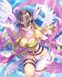 Rule 34 | 1girl, angel, angel wings, angewomon, armor, asymmetrical clothes, belt, blonde hair, blue sky, bodysuit, boots, breastplate, breasts, cleavage, covered eyes, day, digimon, digimon (creature), elbow gloves, feathers, gloves, hagoromo, head wings, helmet, highres, knee up, kobanzame, large breasts, latex, long hair, looking at viewer, midriff, multiple belts, ribbon, shawl, single elbow glove, single pants leg, single thighhigh, sky, smile, solo, sparkle, thighhighs, white wings, wings, zipper