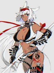 Rule 34 | 1girl, animal ears, arm guards, asymmetrical clothes, bare shoulders, belt, bikini, black bikini, black gloves, blue eyes, body markings, breasts, caenis (fate), caenis (swimsuit rider) (fate), caenis (swimsuit rider) (second ascension) (fate), cleavage, collarbone, cropped vest, elbow gloves, fate/grand order, fate (series), fingerless gloves, gloves, goggles, hairband, harpoon, heterochromia, large breasts, long hair, looking at viewer, navel, ramune gohan, red eyes, single pantsleg, solo, swimsuit, thigh strap, thighs, very long hair, vest, white hair, white legwear, white vest