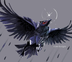 Rule 34 | animal focus, bird, black feathers, black sclera, bright pupils, character name, closed mouth, colored sclera, commentary, corviknight, creatures (company), crow, english commentary, falling feathers, feathers, game freak, gen 8 pokemon, grey background, highres, modantoire, nintendo, no humans, pokemon, pokemon (creature), pokemon move, red eyes, simple background, slit pupils, spread wings, white pupils