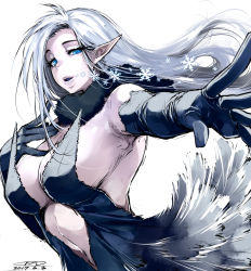 Rule 34 | 1girl, armpits, black dress, black gloves, blue eyes, breasts, cleavage, dated, dress, elbow gloves, elf, gloves, grey hair, half-closed eyes, happa (cloverppd), long hair, navel, original, parted lips, pointy ears, signature, simple background, snow, snowflakes, white background