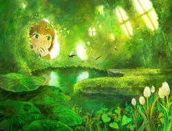 Rule 34 | 1girl, bird, brown hair, flower, green eyes, green theme, hand to own mouth, highres, lily pad, monaka (siromona), nature, original, pond, scenery, solo, window
