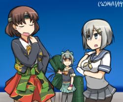 Rule 34 | 10s, 3girls, black legwear, blue background, blue eyes, blush, bow, breast envy, breast hold, breasts, brown hair, canister, chiyoda (kancolle), closed eyes, cropped jacket, dated, false smile, gloves, grey hair, hair bow, hair ornament, hairclip, hakama, hakama short skirt, hakama skirt, hamakaze (kancolle), hamu koutarou, hand on own shoulder, headband, japanese clothes, kantai collection, large breasts, midriff, miniskirt, multiple girls, neckerchief, open mouth, pantyhose, ponytail, sailor collar, school uniform, serafuku, short hair, skirt, smile, wristband, yellow neckerchief, yuubari (kancolle)