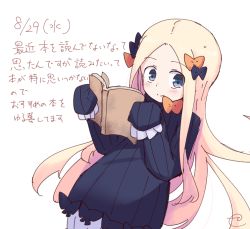 Rule 34 | 1girl, abigail williams (fate), bad id, bad pixiv id, black bow, black dress, blonde hair, bloomers, blue eyes, blush, book, bow, bug, butterfly, closed mouth, dated, dress, dutch angle, fate/grand order, fate (series), forehead, hair bow, hands up, holding, holding book, insect, kujou karasuma, long hair, long sleeves, no headwear, open book, orange bow, parted bangs, signature, sketch, sleeves past fingers, sleeves past wrists, smile, solo, translation request, underwear, very long hair, white bloomers