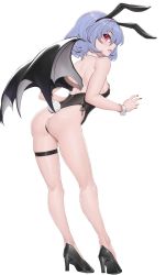 Rule 34 | 1girl, animal ears, ass, bat wings, black legwear, breasts, detached collar, duplicate, full body, high heels, highres, leg strap, leotard, looking at viewer, nail polish, open mouth, playboy bunny, purple hair, rabbit ears, red eyes, red nails, remilia scarlet, short hair, simple background, solo, standing, sudako (dai011305), thigh strap, touhou, white background, wings, wrist cuffs
