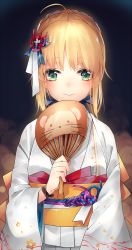 Rule 34 | 1girl, absurdres, artoria pendragon (all), artoria pendragon (fate), bad id, bad pixiv id, blonde hair, blue ribbon, blush, fate (series), green eyes, hand fan, highres, holding, holding fan, ichinosenen, looking at viewer, ribbon, saber (fate), short hair, smile, solo, upper body, white ribbon