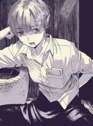 Rule 34 | 1girl, breast pocket, cigarette, collarbone, collared shirt, commentary, elbow rest, greyscale, hand in pocket, katsuoboshi, monochrome, original, pants, pocket, shirt, short hair, sitting, sleeves rolled up, smoke, smoking, solo