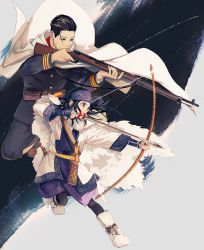 Rule 34 | 1boy, 1girl, aiming, ainu, ainu clothes, arisaka, arrow (projectile), asirpa, bandana, belt, black eyes, black hair, blue eyes, bolt action, bow (weapon), brown belt, brown footwear, cape, commentary request, ear piercing, earrings, scar on face, from side, full body, fur cape, golden kamuy, gun, hair slicked back, holding, holding bow (weapon), holding gun, holding weapon, hoop earrings, jewelry, long hair, long sleeves, looking away, military, military uniform, ogata hyakunosuke, pants, piercing, pouch, rifle, scar, scar on cheek, scar on face, sheath, shoelaces, simple background, sumi tooru, trigger discipline, uniform, weapon, white cape, white footwear