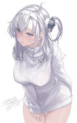 Rule 34 | 1girl, breasts, clothes pull, cowboy shot, dated, dress, grey eyes, hachimaki, headband, highres, kantai collection, large breasts, long hair, long sleeves, looking at viewer, one side up, parted lips, pulling own clothes, ribbed sweater, rokuwata tomoe, signature, simple background, sleeves past wrists, solo, suzutsuki (kancolle), sweater, sweater dress, sweater pull, thighs, turtleneck, turtleneck sweater, twitter username, white background, white hair, white headband, white sweater