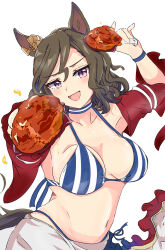 Rule 34 | 1girl, absurdres, adapted costume, animal ears, bikini, bird, blue bikini, blue wristband, blush, breasts, brown hair, chicken, chicken (food), cleavage, commentary request, detached sleeves, drumsticks, ear ornament, ekazawa sdvx, food, hair between eyes, highres, holding, holding drumsticks, holding food, horse ears, horse girl, horse tail, large breasts, long sleeves, looking at viewer, navel, open mouth, outstretched hand, purple eyes, short hair, simple background, smile, solo, striped bikini, striped choker, striped clothes, swimsuit, tail, tap dance city (umamusume), umamusume, upper body, white background