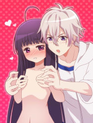 Rule 34 | 10s, 1boy, 1girl, ahoge, awa, black hair, blush, breast awe, clothed male nude female, completely nude, covering privates, covering breasts, covering chest, flat chest, full-face blush, hair between eyes, hatsukoi monster, heart, heart background, height difference, hood, hoodie, leaning forward, long hair, looking back, nikaidou kaho, nude, open mouth, purple eyes, short hair, silver hair, takahashi kanade, upper body, very long hair