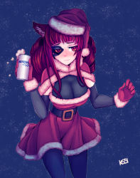 Rule 34 | 1girl, alternate costume, animal ears, artificial eye, artist request, beer can, belt, black pantyhose, black shirt, blue background, blunt bangs, blush, breasts, can, capelet, cat ears, christmas, cleavage, closed mouth, detached sleeves, dress, drill hair, drink can, embarrassed, foam, fur trim, gloves, hat, highres, holding, holding can, kiririn51, large breasts, leaning forward, long hair, long sleeves, looking away, mechanical eye, nose blush, official art, pantyhose, quad drills, red dress, red eyes, red gloves, red hair, santa costume, santa hat, shirt, sidelocks, solo, standing, stella hoshii, strapless, strapless dress, va-11 hall-a, wavy mouth