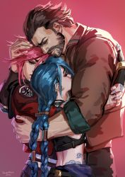 Rule 34 | 1boy, 2021, 2girls, arcane: league of legends, arcane jinx, arcane vi, artist name, beard, blue hair, braid, brown hair, brown jacket, brown pants, closed eyes, closed mouth, cloud tattoo, commentary request, facial hair, father and daughter, fingerless gloves, gloves, gradient background, hair ornament, hand on another&#039;s head, highres, hug, jacket, jane mere, jinx (league of legends), league of legends, long hair, multiple girls, pants, red background, red hair, red jacket, short hair, stomach tattoo, tattoo, twin braids, vander (arcane), vi (league of legends)