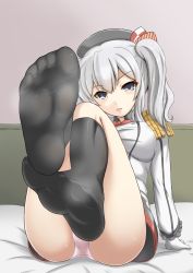Rule 34 | 10s, 1girl, arm support, ass, bare legs, bed, black legwear, breasts, epaulettes, feet, female focus, foot focus, gloves, grey eyes, hat, head tilt, indoors, kantai collection, kashima (kancolle), large breasts, leaning, leaning back, legs, legs up, looking at viewer, naughty face, no shoes, open mouth, panties, pantyshot, pov, silver hair, sitting, socks, soles, steam, toes, towamin, twintails, underwear, uniform, white gloves, white uniform
