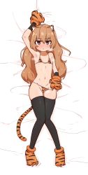 Rule 34 | 1girl, :&lt;, aisaka taiga, alternate costume, animal ears, animal hands, animal print, arm up, armpits, artist name, bare shoulders, bed sheet, bikini, bikini pull, black thighhighs, blush, breath, brown hair, closed mouth, clothes pull, collarbone, cum, cum on body, cum on stomach, dakimakura (medium), female focus, flat chest, from above, full body, gloves, gluteal fold, highres, knees together feet apart, layered gloves, liveactors, long hair, looking at viewer, lying, navel, nose blush, on back, orange bikini, orange footwear, orange gloves, paw gloves, paw shoes, pulled by self, purple eyes, sheet grab, shiny skin, sidelocks, signature, simple background, skindentation, solo, steam, steaming body, stomach, string bikini, sweat, swimsuit, tail, thighhighs, tiger ears, tiger girl, tiger print, tiger tail, toradora!, twitter username, white background