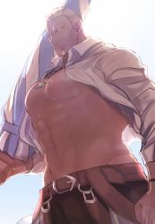 Rule 34 | 1boy, abs, bara, beach umbrella, belt, benny (fire emblem), blonde hair, blouse, cheekbones, clenched hand, closed umbrella, day, facial hair, fire emblem, fire emblem fates, frown, goatee, grey eyes, holding, jewelry, lens flare, magatama, magatama necklace, male focus, monsuke (monban), muscular, muscular male, necklace, nintendo, open clothes, open shirt, outdoors, pectorals, revealing clothes, scar, scar on face, scar on forehead, shirt, short hair, solo, standing, sunlight, umbrella