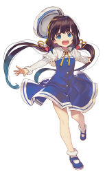 Rule 34 | 1girl, ahoge, beret, black hair, blue dress, blue eyes, blue footwear, circle, commentary request, dress, full body, happy birthday, hat, highres, hinatsuru ai, layered sleeves, long hair, long sleeves, looking at viewer, low twintails, open mouth, puffy short sleeves, puffy sleeves, ribbon, ryuuou no oshigoto!, shirabi, shoes, short over long sleeves, short sleeves, simple background, smile, socks, solo, twintails, very long hair, white background, white hat, white socks, yellow neckwear, yellow ribbon