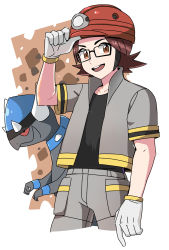 Rule 34 | 1boy, bad id, bad twitter id, black-framed eyewear, black shirt, brown eyes, brown hair, commentary request, creatures (company), dede (qwea 00000), game freak, gen 4 pokemon, glasses, gloves, grey jacket, grey pants, gym leader, hand on headwear, hand up, helmet, highres, jacket, korean commentary, male focus, nintendo, open clothes, open jacket, open mouth, pants, pokemon, pokemon (creature), pokemon dppt, rampardos, roark (pokemon), shirt, short sleeves, smile, teeth, tongue, white gloves