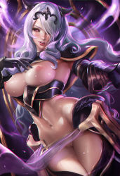Rule 34 | 1girl, alternative eye color, alternate hair color, anaglyph, armor, armored gloves, armpits, artist name, black armor, black gloves, blush, bottomless, breastplate, breasts, camilla (fire emblem), chromatic aberration, cleavage, cleft of venus, cloak, clothing cutout, cow horns, female focus, fire emblem, fire emblem fates, fire emblem if, gauntlets, gloves, hair over one eye, hand on breast, hand on own chest, highres, hip armor, horns, impossible armor, large breasts, linea alba, lipstick, long hair, looking at viewer, makeup, mons pubis, naughty face, navel, nintendo, nipples, no panties, open mouth, patreon username, pelvic curtain, propositioning, pussy, realistic, red eyes, sakimichan, seductive smile, see-through, shawl, shoulder armor, signature, simple background, smile, solo, sweat, sweatdrop, thigh cutout, thighs together, tiara, toned, toned female, toned stomach, uncensored, very long hair, white hair, wide hips, wyvern rider