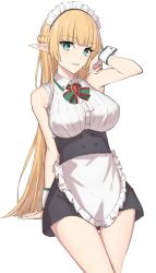Rule 34 | 1girl, apron, arm up, black dress, blunt bangs, blush, braid, breasts, brooch, dress, elf, elfenlied22, french braid, green eyes, green ribbon, grin, highres, jewelry, large breasts, long hair, long sleeves, looking at viewer, maid, maid apron, maid headdress, original, pointy ears, red ribbon, ribbon, simple background, smile, solo, thighs, tira (elfenlied22), white apron, white background, wrist cuffs