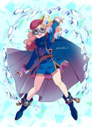 Rule 34 | 1girl, armor, belt, black shorts, blonde hair, blue background, blue cape, blue footwear, blue mage, blue tunic, boots, brown eyes, cape, cuffs, eye mask, final fantasy, final fantasy v, full body, gem, hand up, hat, hat feather, highres, krile mayer baldesion (ff5), long hair, long sleeves, official alternate costume, open mouth, sanroku 3, shorts, shoulder armor, smile, solo, water, wavy hair