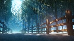 Rule 34 | bamboo, bamboo forest, blue sky, commentary request, day, fence, forest, hachio81, highres, light rays, nature, no humans, original, outdoors, road, scenery, sky, sunlight, wooden fence