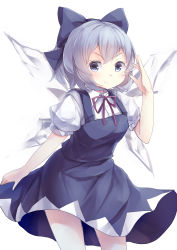 Rule 34 | 1girl, absurdres, blue bow, blue dress, blue eyes, blue hair, bow, breasts, cirno, commentary request, cowboy shot, dress, hand up, highres, ice, ice wings, kanzakietc, looking at viewer, one-hour drawing challenge, puffy short sleeves, puffy sleeves, red neckwear, short hair, short sleeves, simple background, small breasts, solo, standing, touhou, v-shaped eyebrows, white background, wings