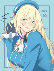 Rule 34 | 1girl, ascot, atago (kancolle), beret, black gloves, blonde hair, blue background, blue hat, breasts, dated, gloves, green eyes, hat, highres, kantai collection, large breasts, lips, long hair, military, military uniform, parted lips, shingyou (alexander-13), smile, solo, uniform, upper body, white ascot