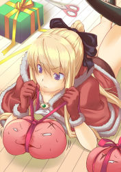 Rule 34 | 1girl, alternate color, black bow, blonde hair, bow, brown dress, cape, closed mouth, commentary request, dress, feet out of frame, fur-trimmed cape, fur-trimmed gloves, fur trim, gift, gloves, hair between eyes, hair bow, high wizard (ragnarok online), long hair, nueco, ponytail, poring, purple eyes, ragnarok online, red cape, red gloves, scissors, short dress, slime (creature), strapless, strapless dress, sweat, two-tone dress, tying, white dress, wooden floor