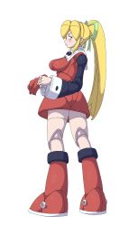 Rule 34 | 1girl, absurdres, aged up, android, blush, boots, breasts, closed mouth, dress, frown, full body, green eyes, green ribbon, hair ribbon, highres, joints, knee boots, legs apart, long hair, long sleeves, looking back, medium breasts, mega man (classic), mega man (series), ponytail, powerhamuhamu, red dress, red footwear, ribbon, robot joints, roll (mega man), sagging breasts, short dress, simple background, solo, standing, v-shaped eyebrows, very long hair, white background