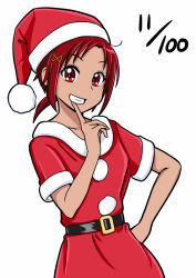 Rule 34 | 10s, 1girl, bakusai, belt, grin, hair ornament, hairclip, hat, hino akane (smile precure!), ponytail, precure, red eyes, red hair, santa costume, santa hat, simple background, smile, smile precure!, solo, white background