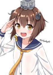 Rule 34 | 1girl, bad id, bad twitter id, brown eyes, brown hair, dress, headgear, hoshino kagari, kantai collection, neckerchief, open mouth, sailor dress, salute, short hair, simple background, smile, solo, teeth, twitter username, upper body, upper teeth only, white background, yellow neckerchief, yukikaze (kancolle)