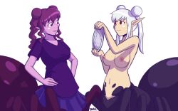 Rule 34 | 2girls, blazbaros, insect girl, mirror, multiple girls, nipples, nude, oralia, pointy ears, shirt, siblings, sisters, skirt, smile, spider girl, twintails, white hair