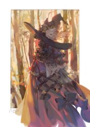 Rule 34 | 1girl, backlighting, beads, black eyes, black hair, black ribbon, chinese commentary, cloak, commentary request, forest, fringe trim, from behind, hat, hat feather, highres, long hair, looking at viewer, looking back, nature, noir (ibaraki), original, outdoors, outside border, profile, ribbon, see-through, signature, solo, standing, tree, twilight, witch hat